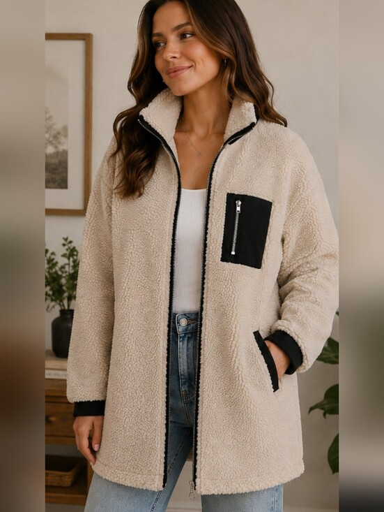 H&M Jackets & Blazers - H&M LOGG Faux Shearling Teddy Zip Jacket Beige Black Trim Size Small